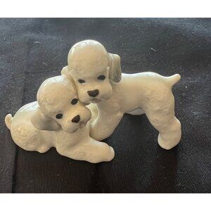 Ceramic Poodle Figurine Pair White Glaze Sitting & Standing Dogs - Vintage 1976